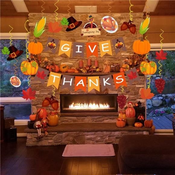 42Pcs Thanksgiving Decorations Pre-Assembled GIVE THANKS Banner Hanging Swirls - Picture 7 of 7
